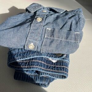 Carter’s Denim Button-Up Shirt (3)m and Gap pink stitched jeans (3-6) m